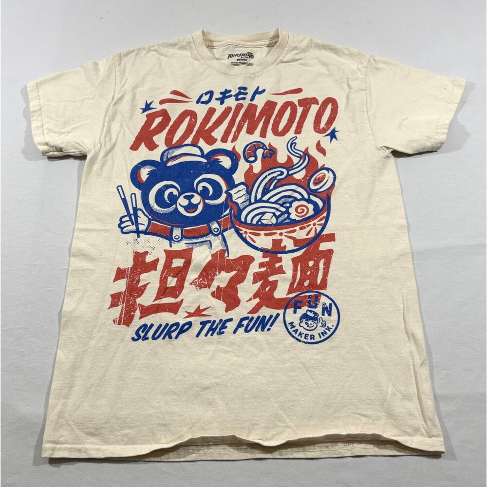 Rokimoto Beige Slurp The Fun Ramen Graphic Print Short Sleeve Rare T-Shirt Tee M